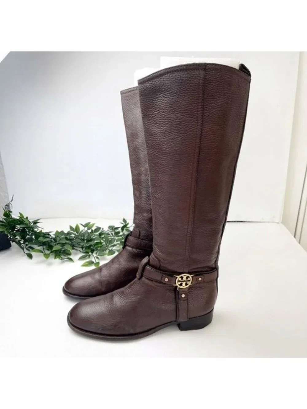 TORY BURCH Brown Leather Riding Boots with golden hardware logo strap 7.5